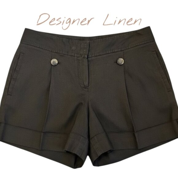 Theory Lena Linen Blend Shorts Brown Pleated Cuffed Hem Size 6 Casual - Picture 1 of 9